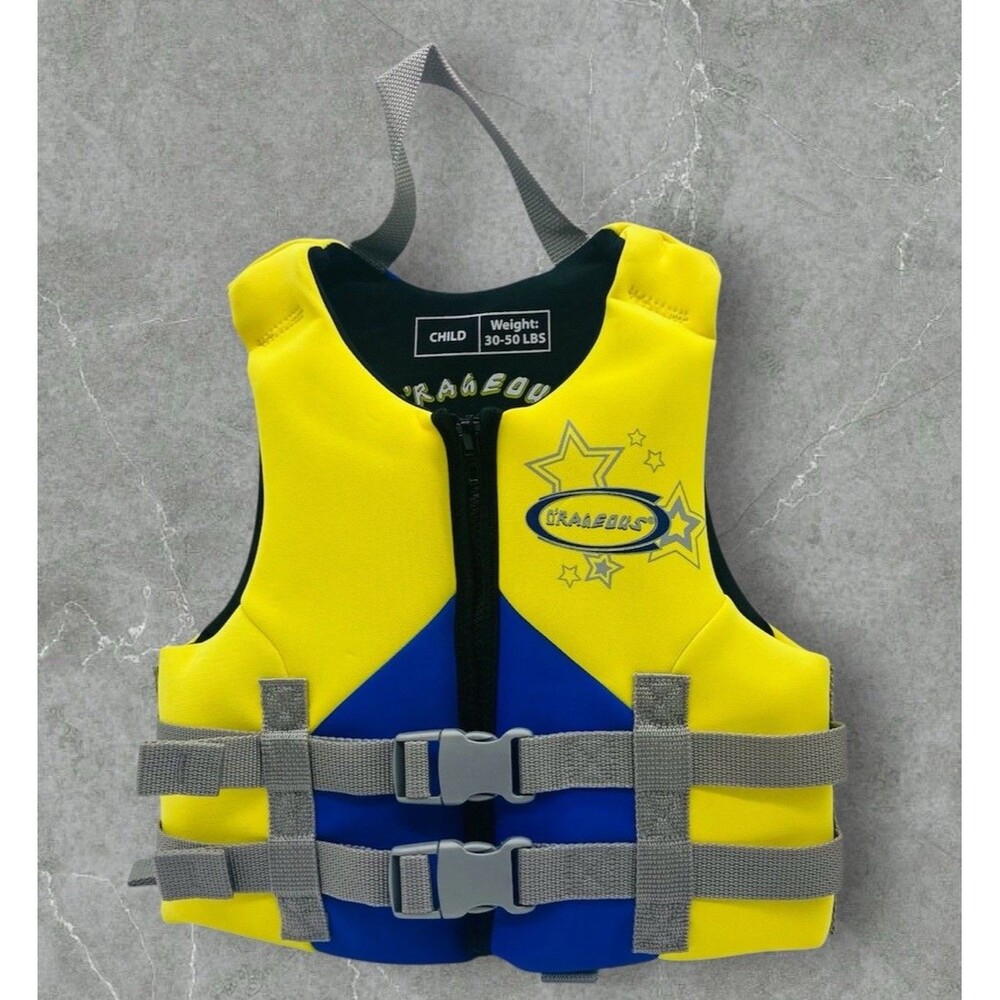 O’Rageous Type III Life Jacket Child 30-50 Lbs Yellow Blue Gray Straps Buckles